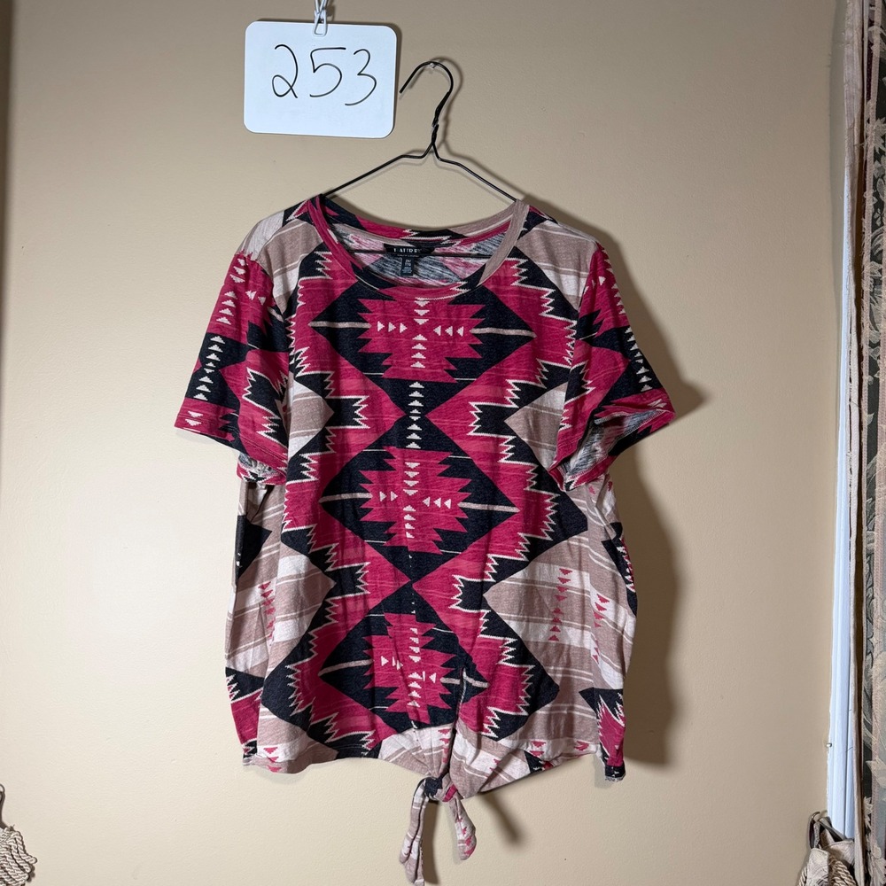 Lauren Ralph Lauren Womens 2X Southwestern Geometric Tie Front Knit Top Pink